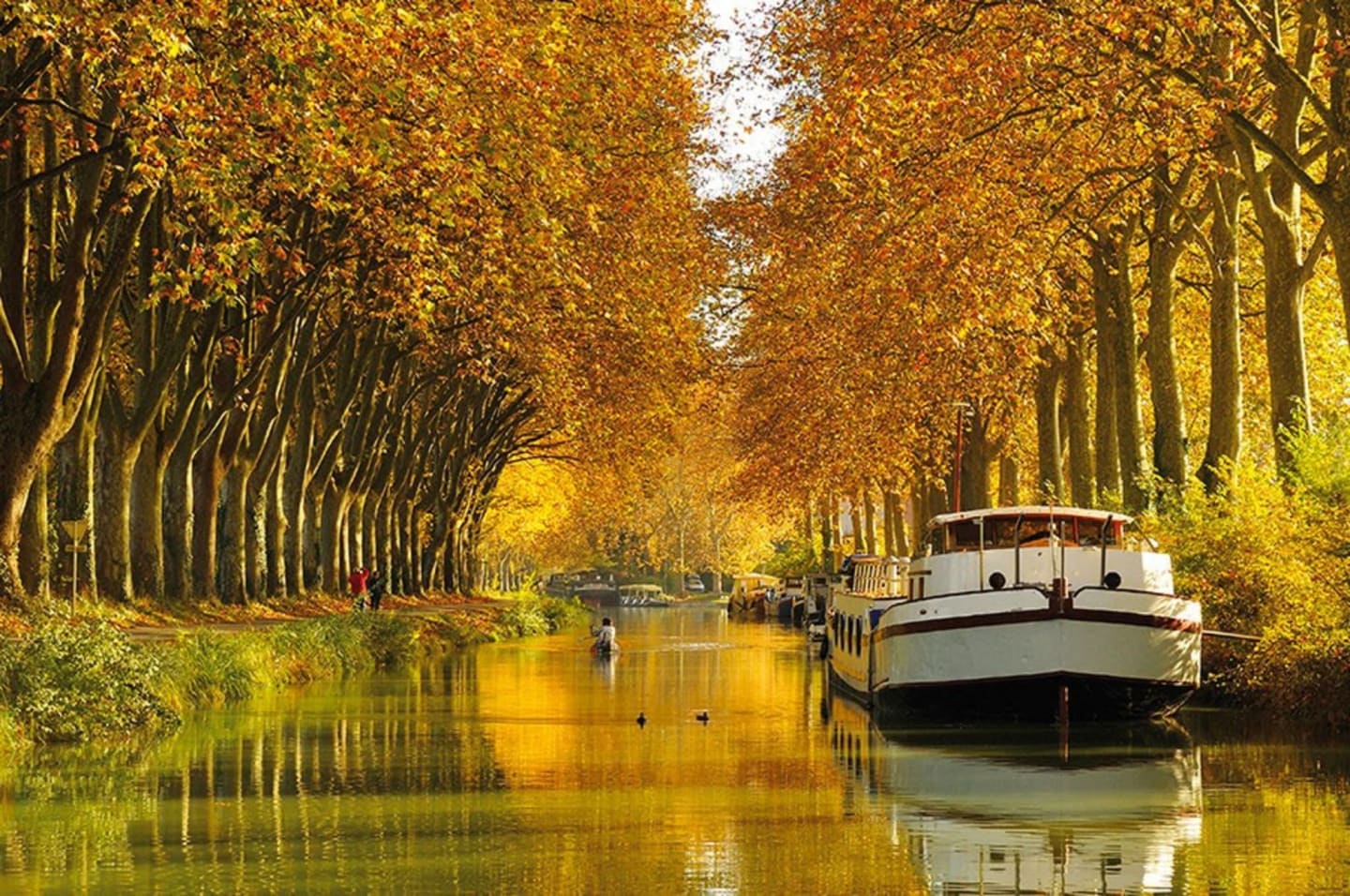 Canal paisible à Clarac avec arbres d'automne, bateau amarré et reflets sur la voie navigable bordée d'arbres
