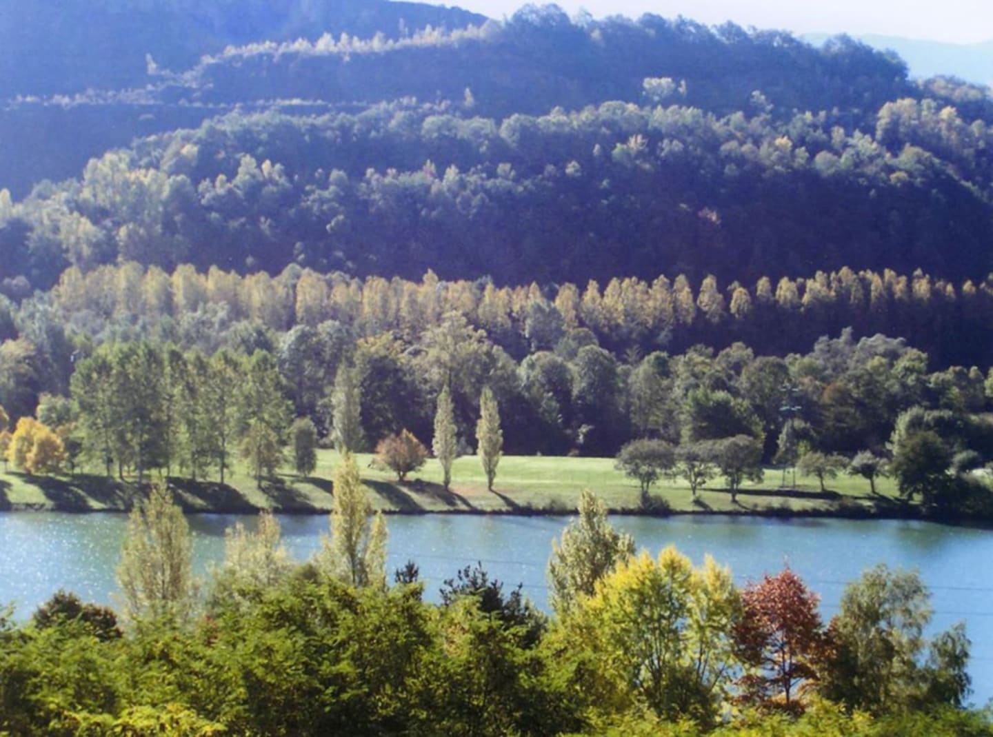 Vue pittoresque du lac entouré de forêts et montagnes aux Chalets Du Lac, Clarac