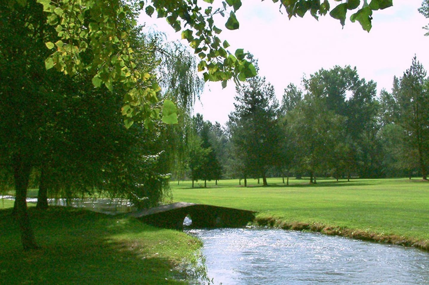 Serene stream flowing through lush green grounds at Les Chalets Du Lac, Clarac, with arched bridge and forest backdrop
