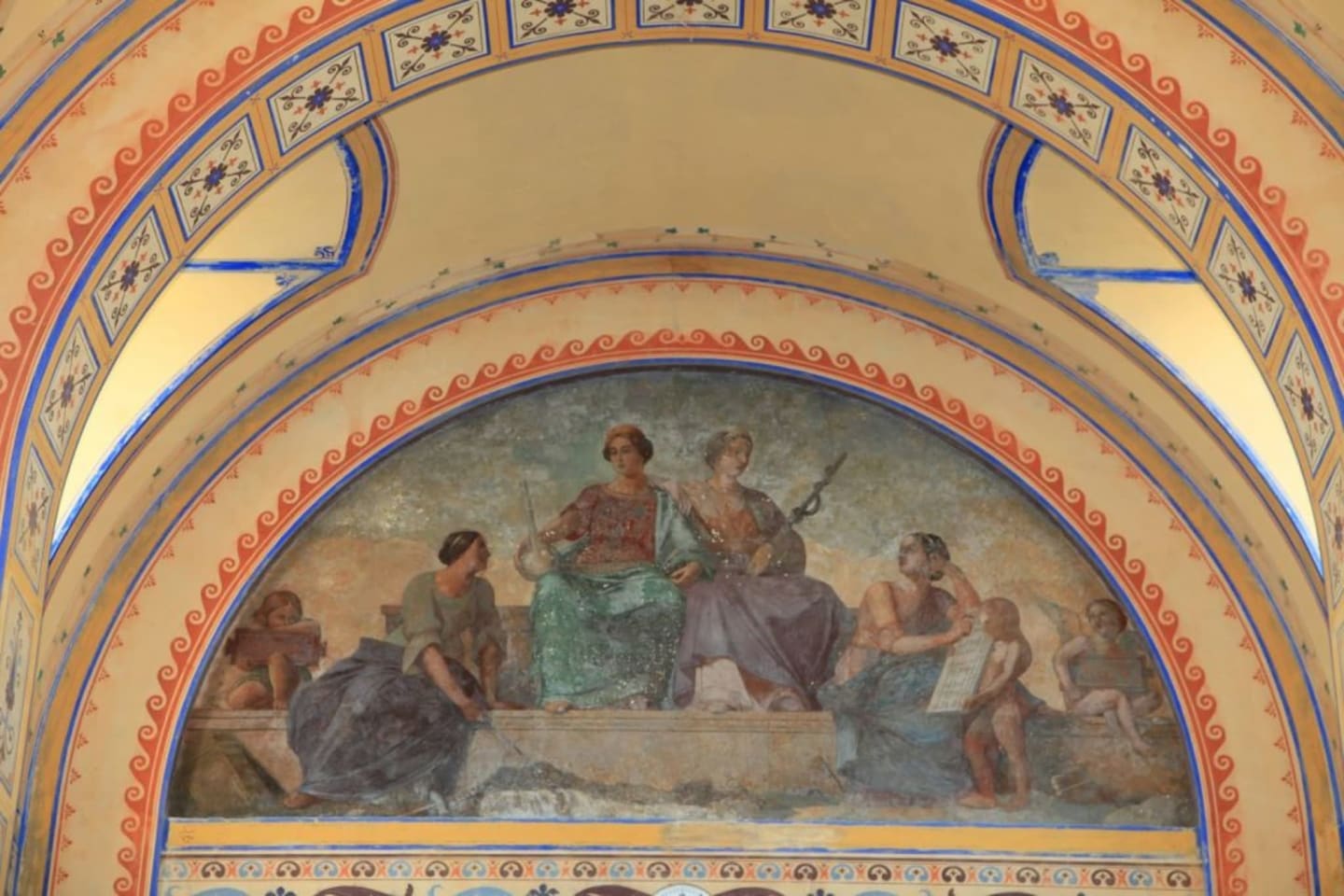 Classical fresco with figures and ornate ceiling details at Les Chalets Du Lac de Montréjeau, Clarac