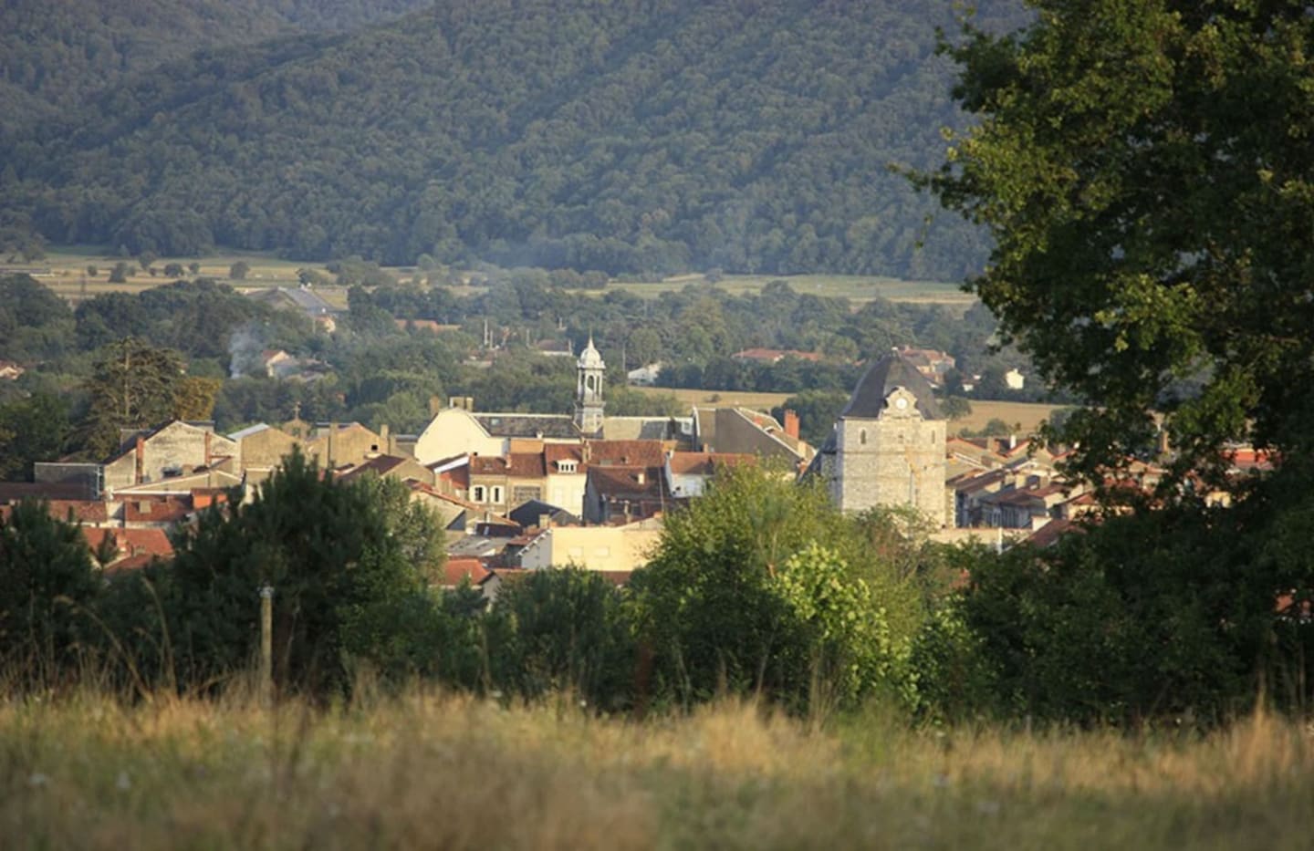Pueblo de Clarac con campanario de iglesia rodeado de montañas boscosas y campiña cerca de Les Chalets Du Lac De Montréjeau