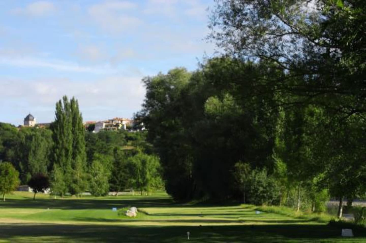 Jardin paisible au bord du lac aux Chalets Du Lac De Montréjeau à Clarac avec pelouses verdoyantes, peupliers et village distant