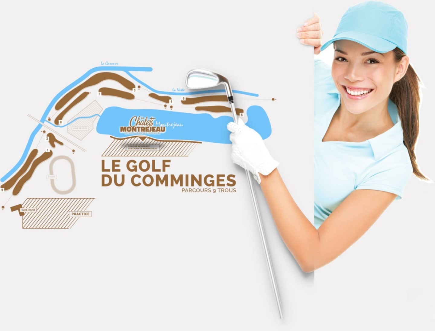 Golfeur aux Chalets Montréjeau promouvant le parcours 9 trous du Golf du Comminges près de Clarac, France